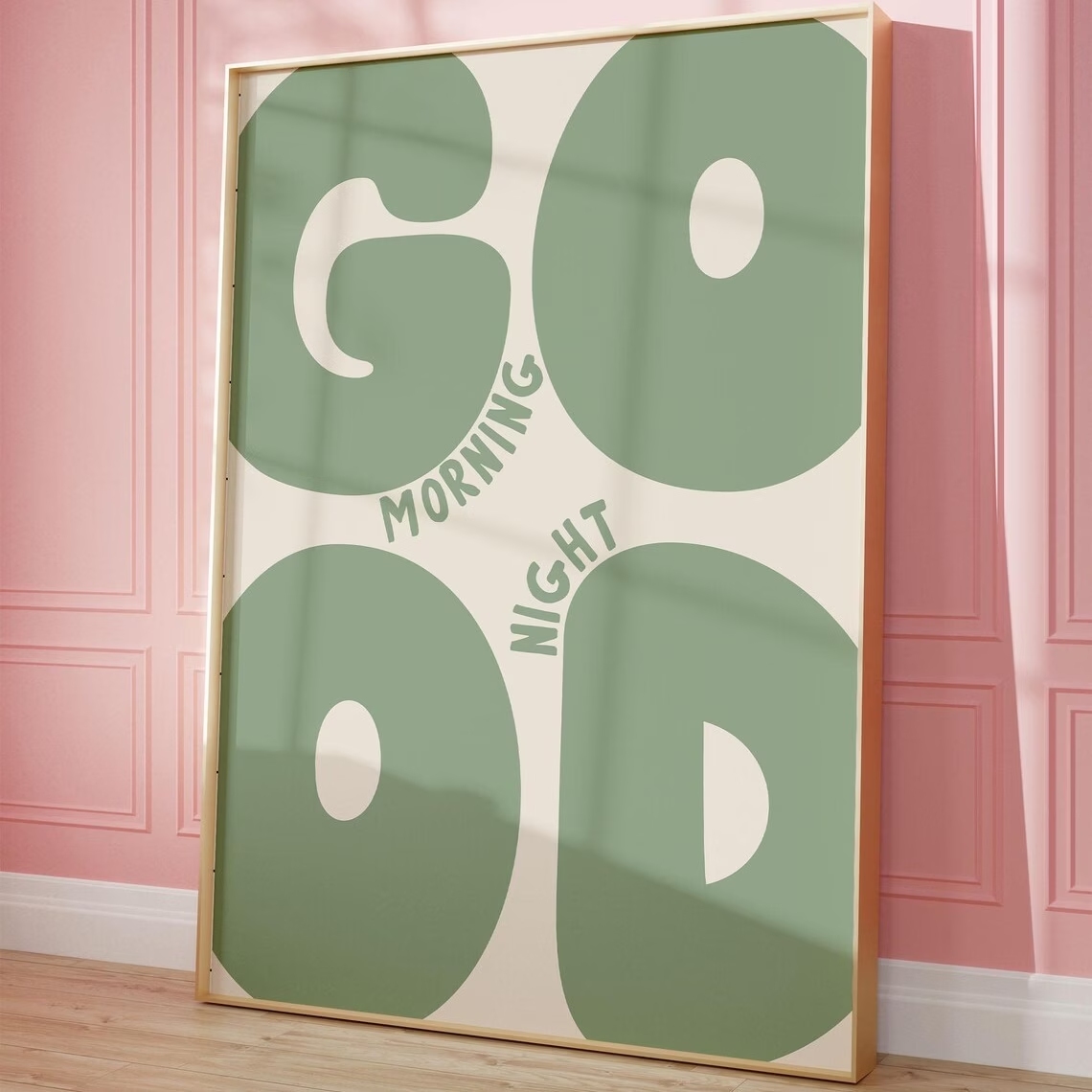 Sustainable Living Products - Moderne grüne Wandkunst mit Guten-Morgen-Guten-Nacht-Zitat, Leinwanddruck,
