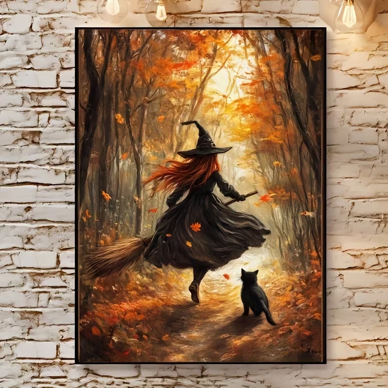 Sustainable Living Products - Retro Halloween Herbsthexe auf Besenrad Wandkunstdruck
